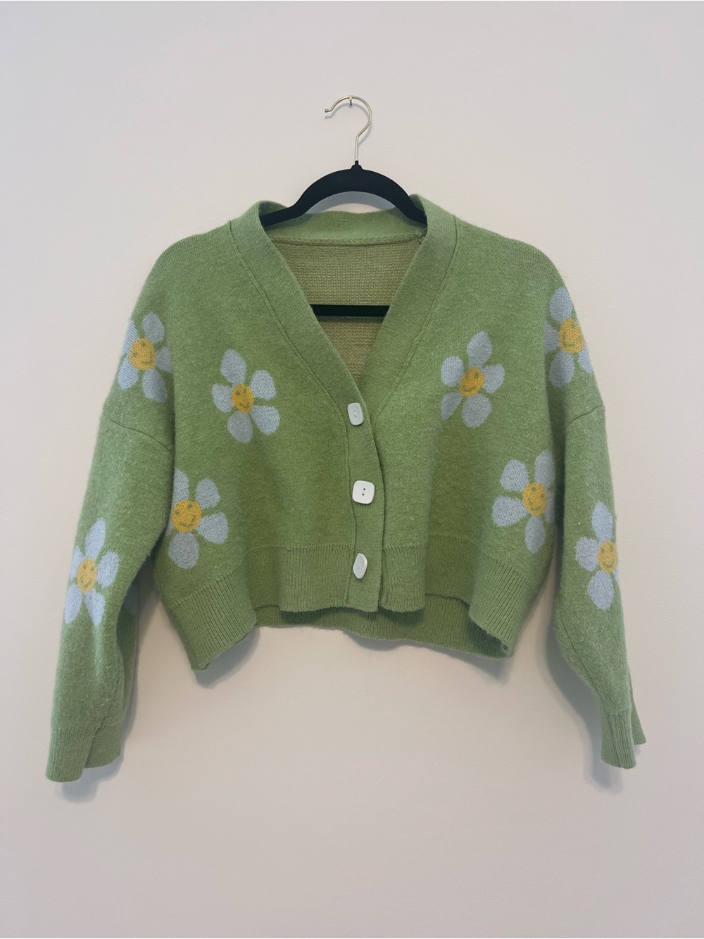 SHEIN Green Daisy V-Neck Button Cardigan
